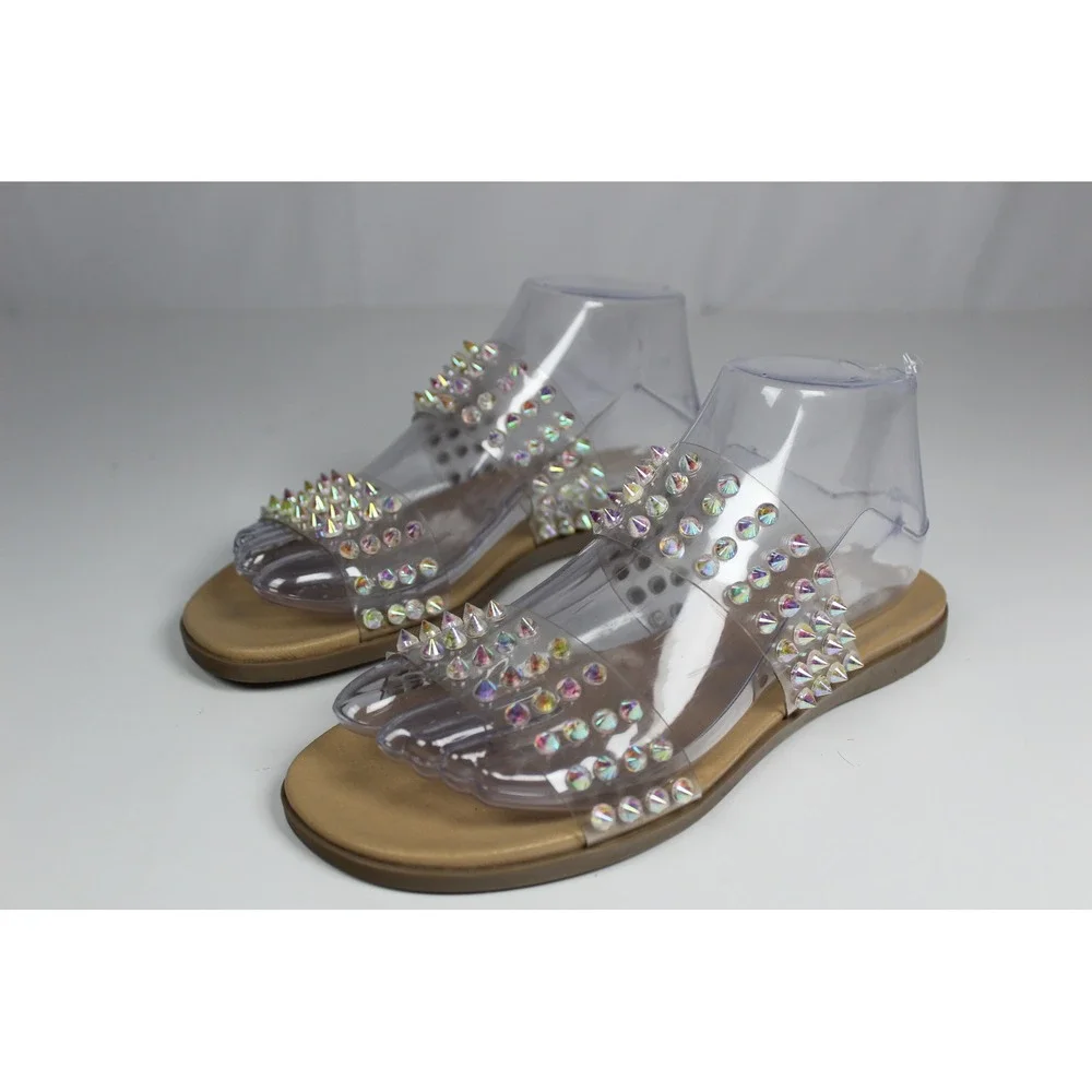 Steve Madden Iridescent Studded Clear Strap Sandals with Tan Footbed